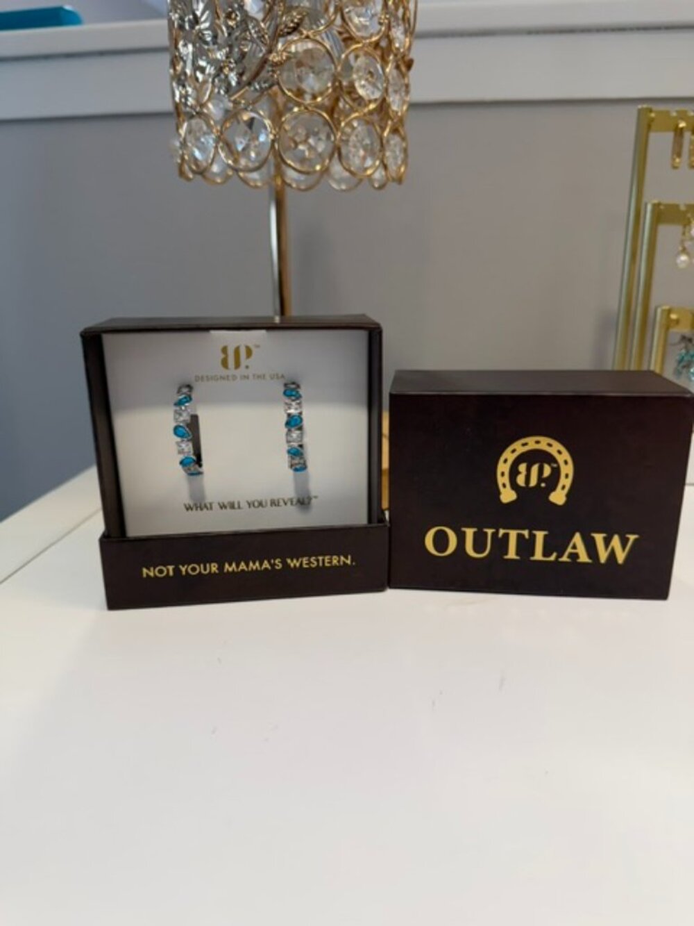 Bomb Party Outlaw Hoop Earrings "Raised Wild" Turquoise CZ Rhodium ER65385